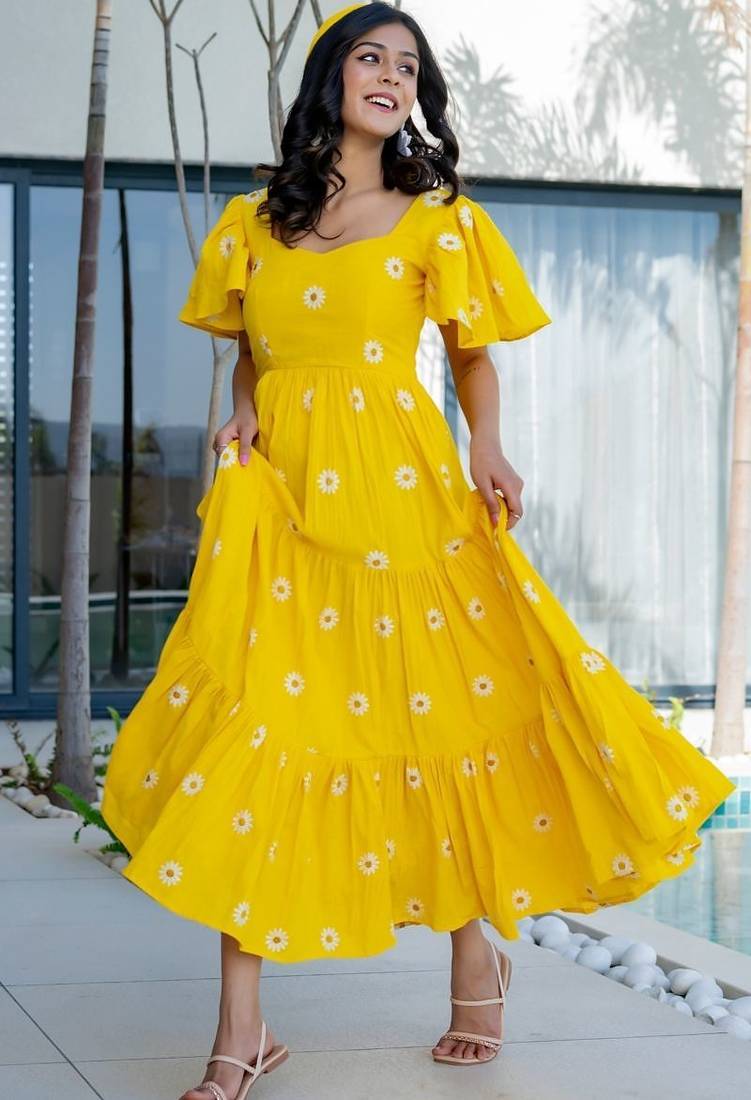 Yellow cotton embroidered dress