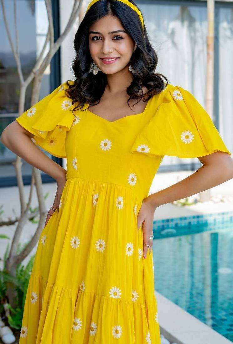 Yellow cotton embroidered dress