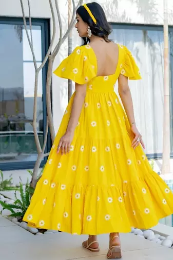 Yellow cotton embroidered dress