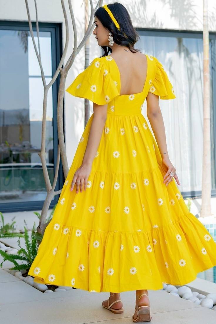 Yellow cotton embroidered dress