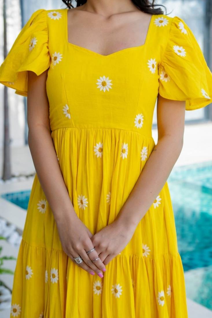 Yellow cotton embroidered dress