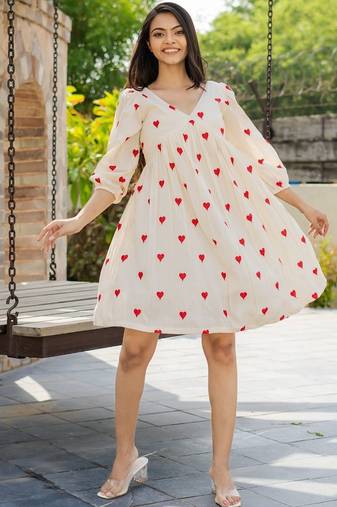 Off white cotton emboridered mini dress