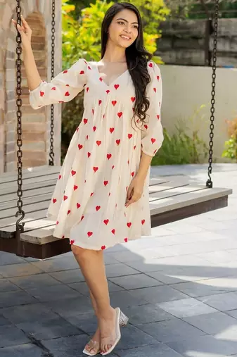 Off white cotton emboridered mini dress