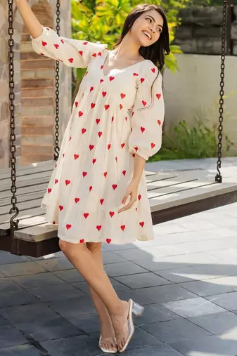 Off white cotton emboridered mini dress