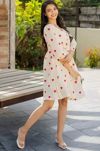 Off white cotton emboridered mini dress