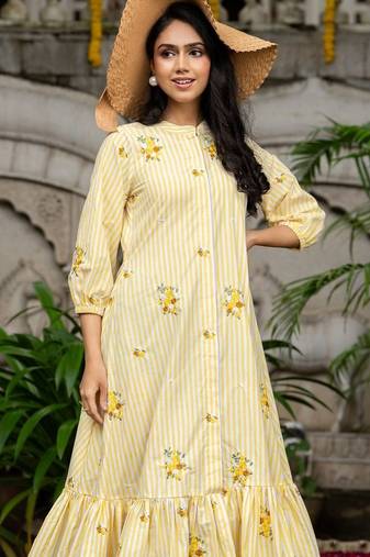 Off white cotton emboridered yellow striped midi dress