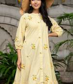 Off white cotton emboridered yellow striped midi dress