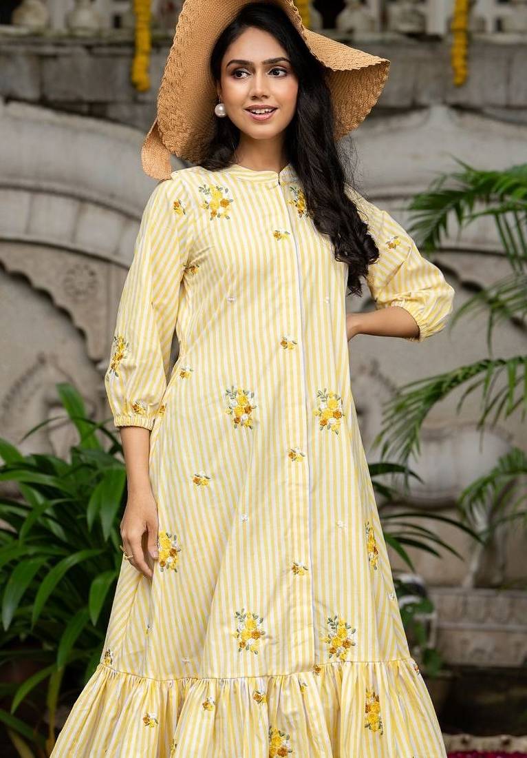Off white cotton emboridered yellow striped midi dress