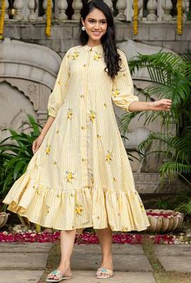 Off white cotton emboridered yellow striped midi dress 2