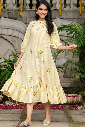 Off white cotton emboridered yellow striped midi dress