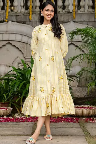 Off white cotton emboridered yellow striped midi dress