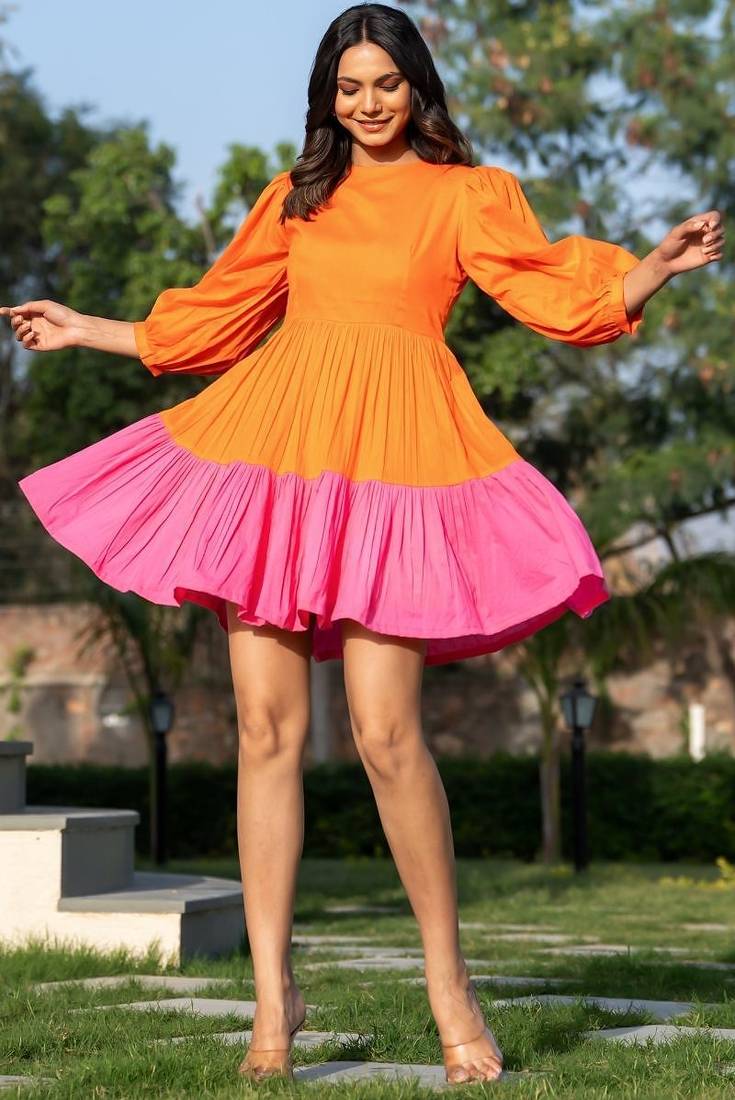 Orange & pink cotton mini dress
