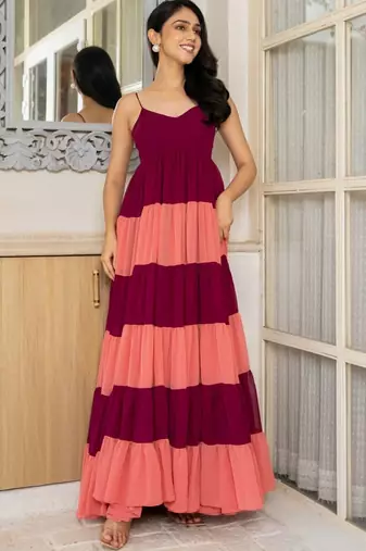 Wine & coral pink maxi dress