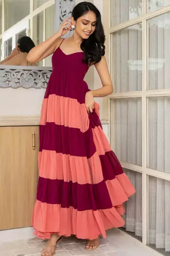 Wine & coral pink maxi dress