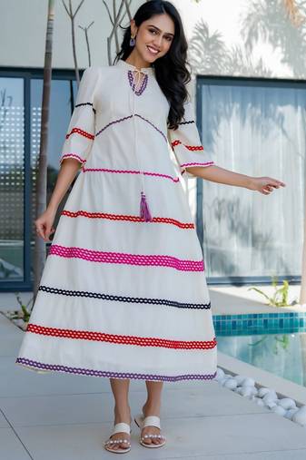 Off white lace work cotton dress