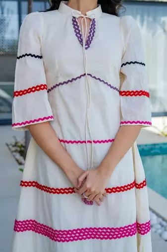 Off white lace work cotton dress