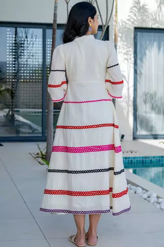 Off white lace work cotton dress