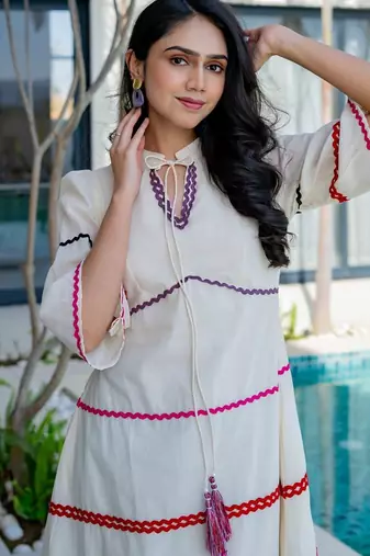 Off white lace work cotton dress