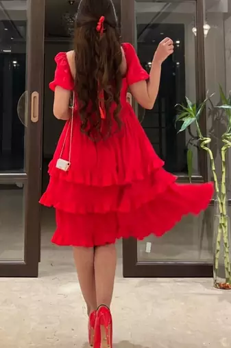 Charry red crape ruffle dress