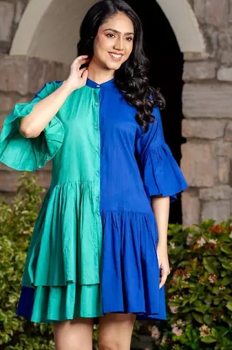 Green & blue cotton ruffle dress