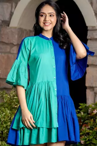 Green & blue cotton ruffle dress