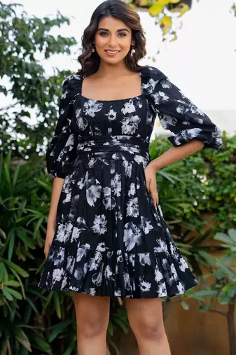Black cotton floral print mini dress