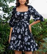 Black cotton floral print mini dress