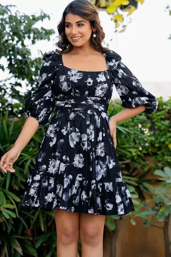 Black cotton floral print mini dress
