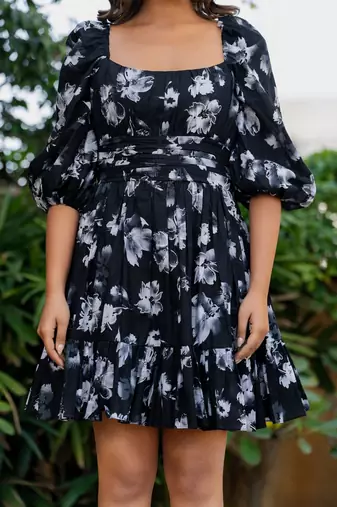 Black cotton floral print mini dress