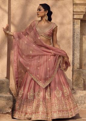 Pink silk blend Zari Embroidery Blush Pink Lehenga Choli With Dupatta 2