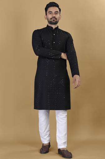 Black embroidered rayon straight kurta