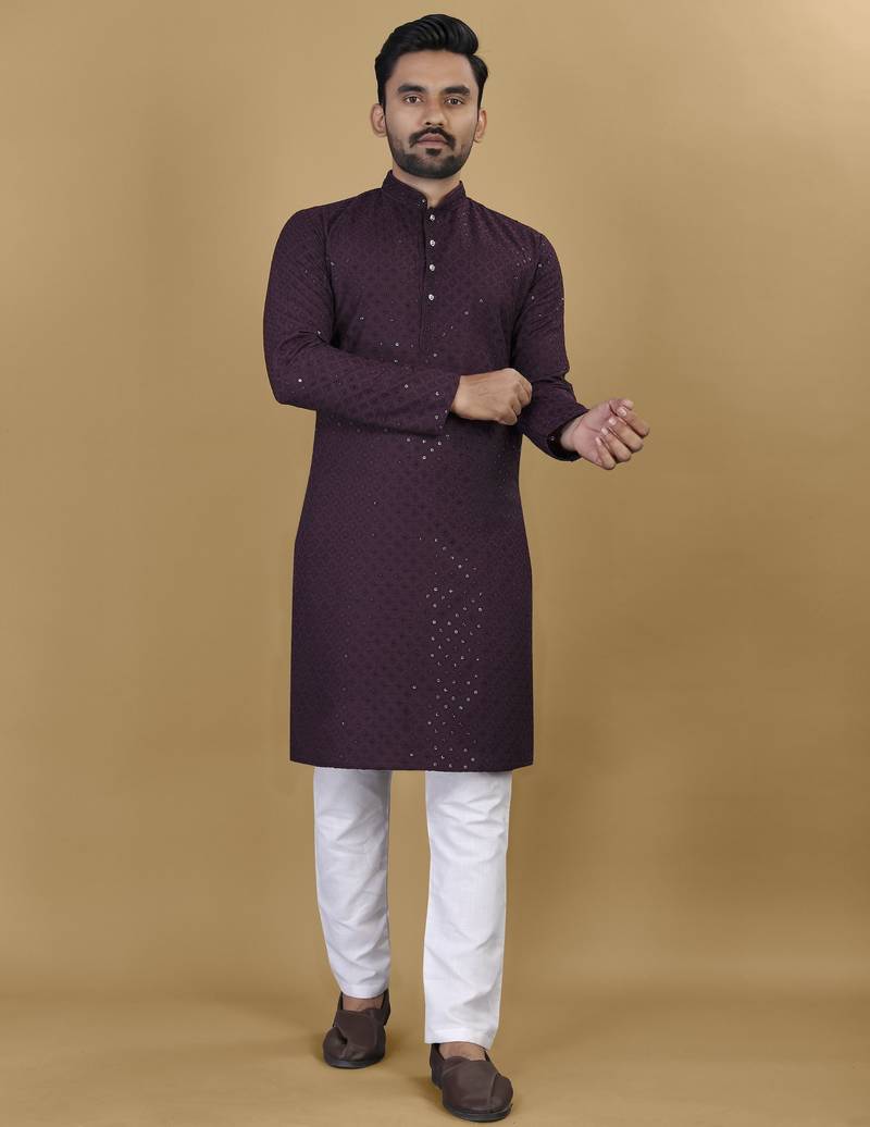 Purple embroidered rayon straight kurta