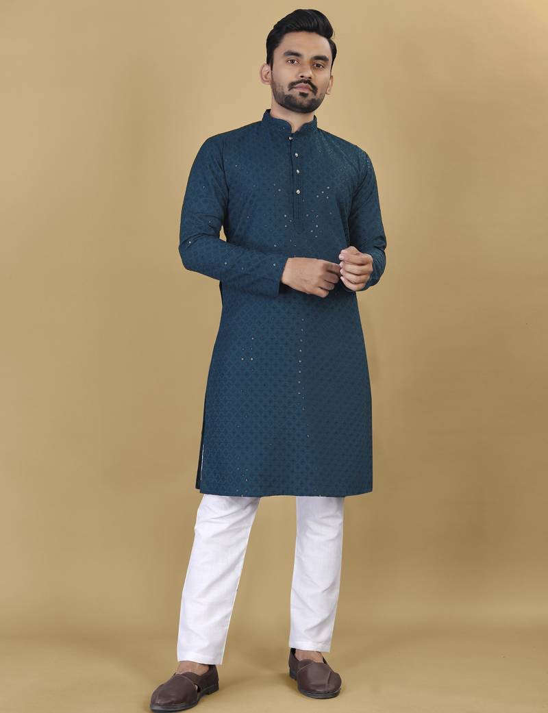 Teal embroidered rayon straight kurta