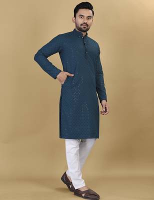 Teal embroidered rayon straight kurta 2