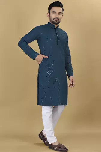 Teal embroidered rayon straight kurta