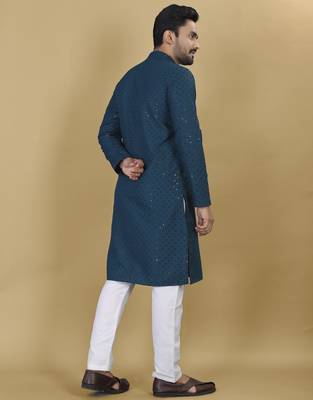 Teal embroidered rayon straight kurta 3