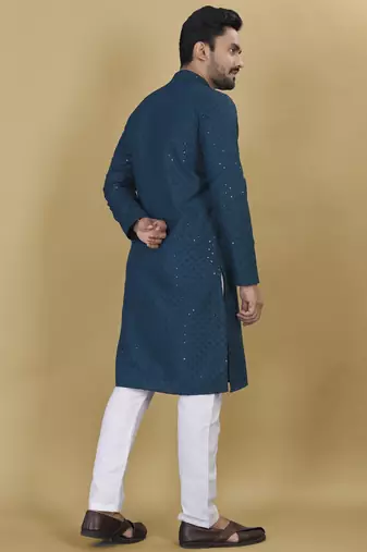 Teal embroidered rayon straight kurta