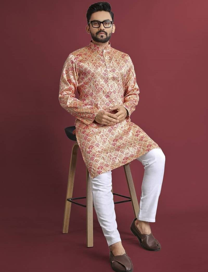 Multicolour printed pure silk straight kurta