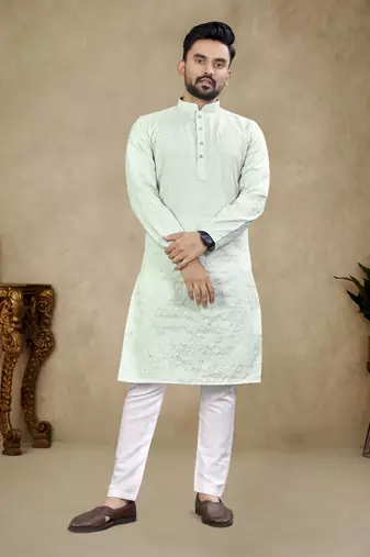 Sky blue lucknowi work silk straight kurta