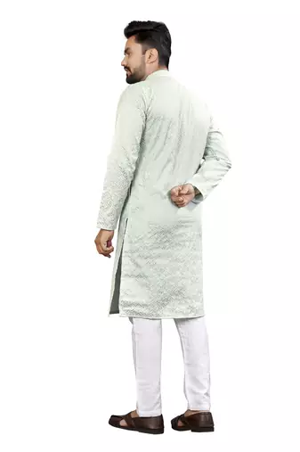 Sky blue lucknowi work silk straight kurta