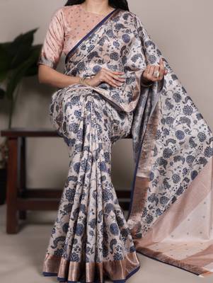 off white tasar art silk blend printed saree with shining viscose border 1