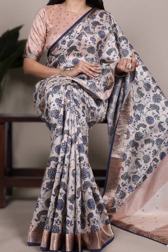 off white tasar art silk printed saree with shining viscose border