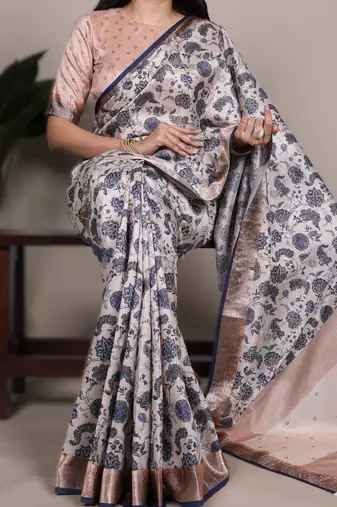 off white tasar art silk printed saree with shining viscose border