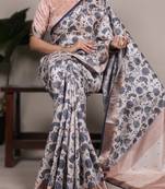 off white tasar art silk printed saree with shining viscose border