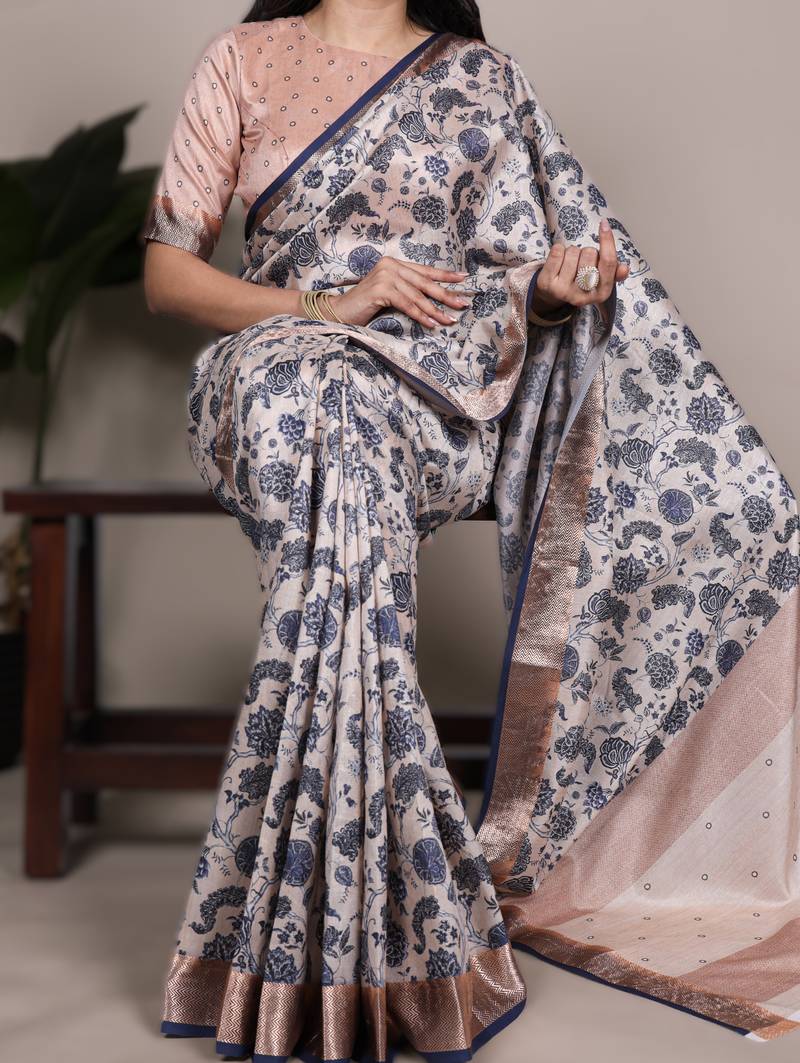 off white tasar art silk printed saree with shining viscose border