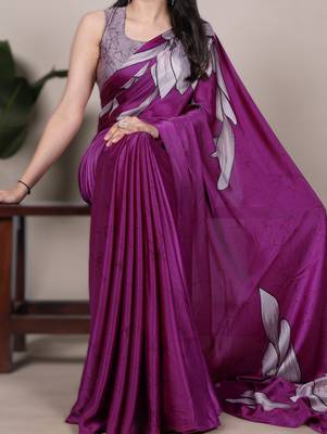 wine satin art silk blend floral printed saree with matching blouse 1