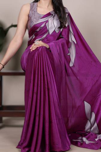 wine satin art silk floral printed saree with matching blouse