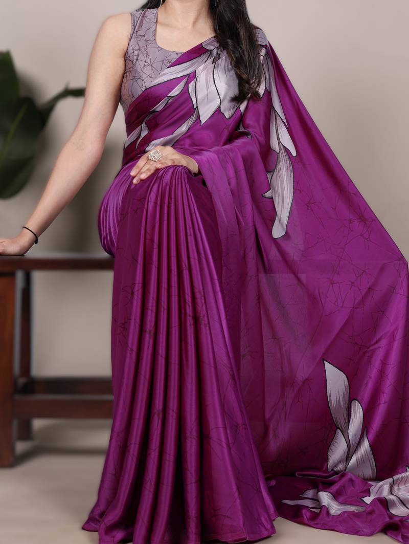 wine satin art silk floral printed saree with matching blouse