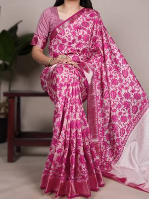 pink tasar art silk blend printed saree with shining viscose border 1
