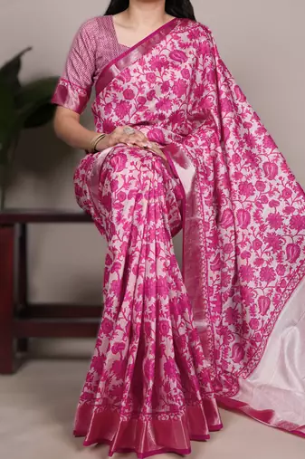 pink tasar art silk printed saree with shining viscose border